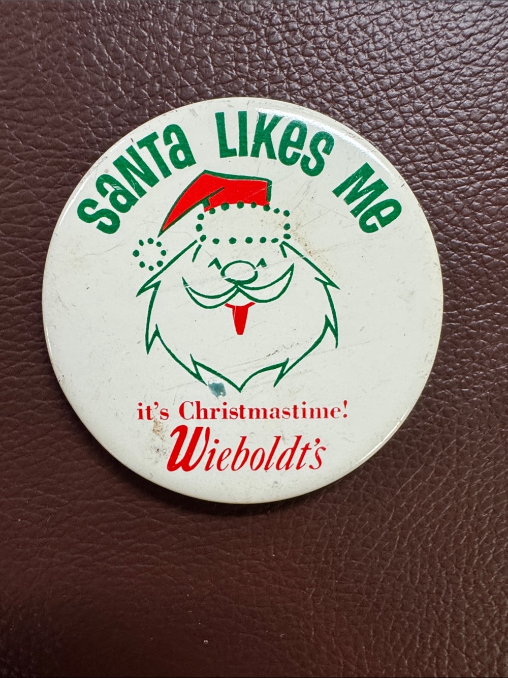 Vintage "Santa Likes Me" Wieboldt's Holiday Button